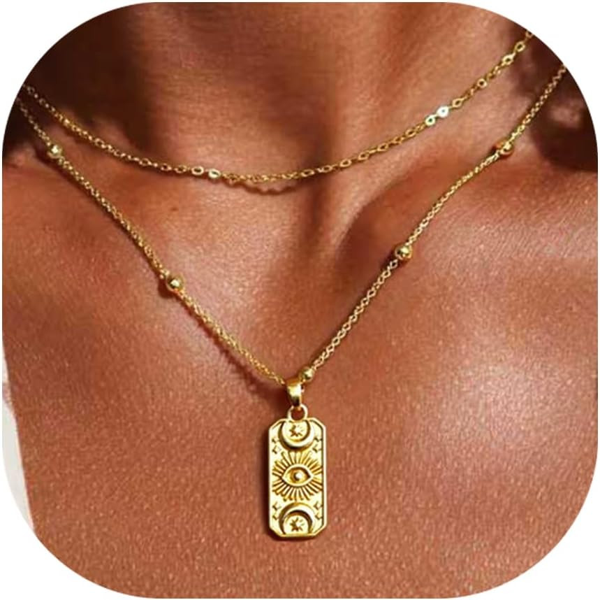 Dainty Pendant Gold Necklace for Women Layered 14K Diamond Pendant Gold Plated N