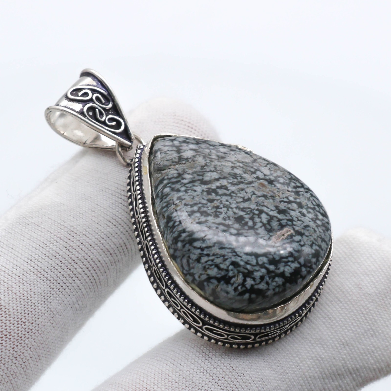 Natural Snowflake Obsidian Gemstone Pendant 925 Sterling Silver Jewelry Size 2″