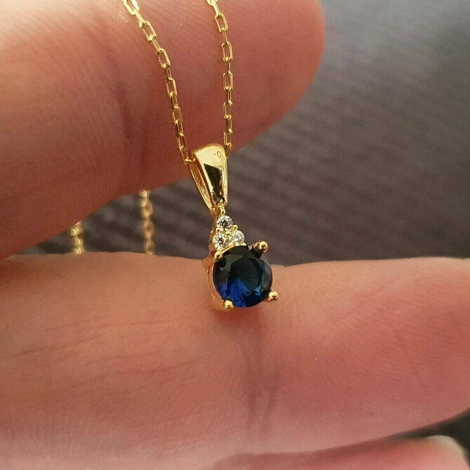1.0Ct Round Cut Blue Sapphire Diamond Lab Created Pendant 14k Yellow Gold Plated