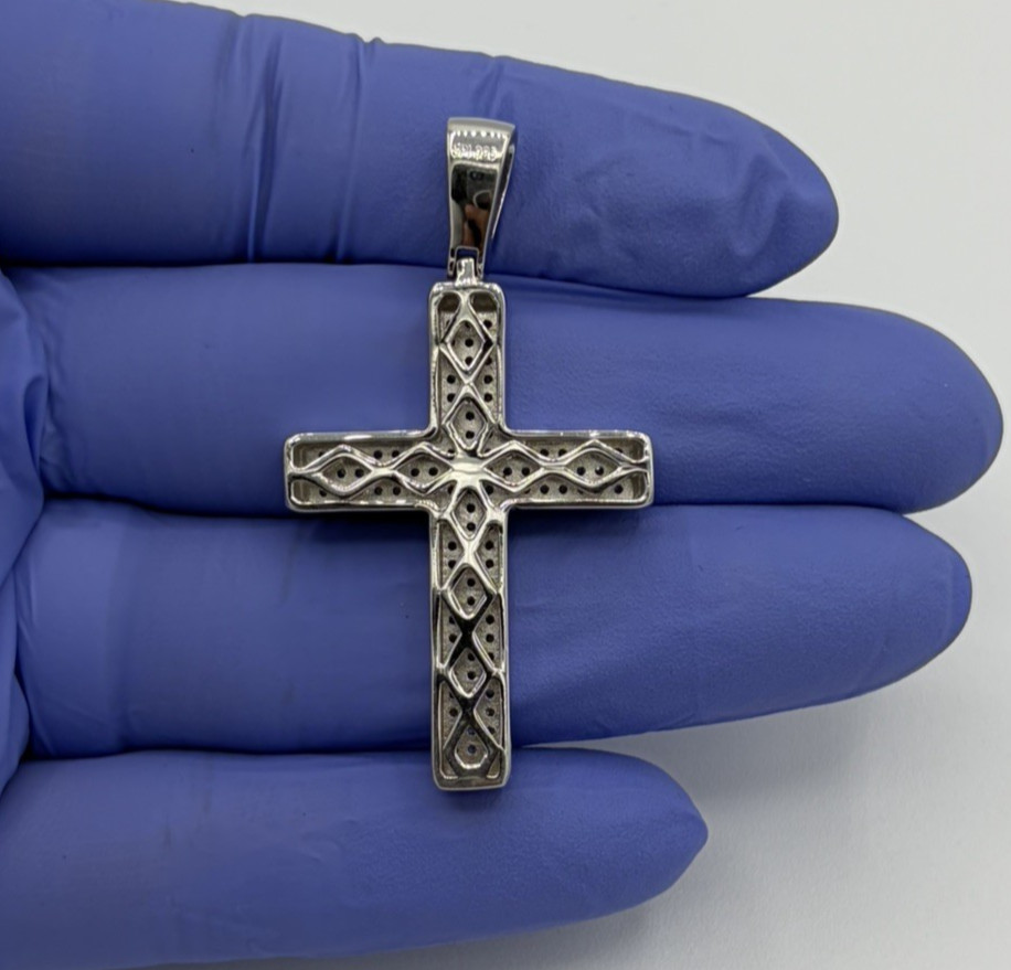 925 Sterling Silver Religious Cross Pendant Round CZ 1.95″ 9.42g