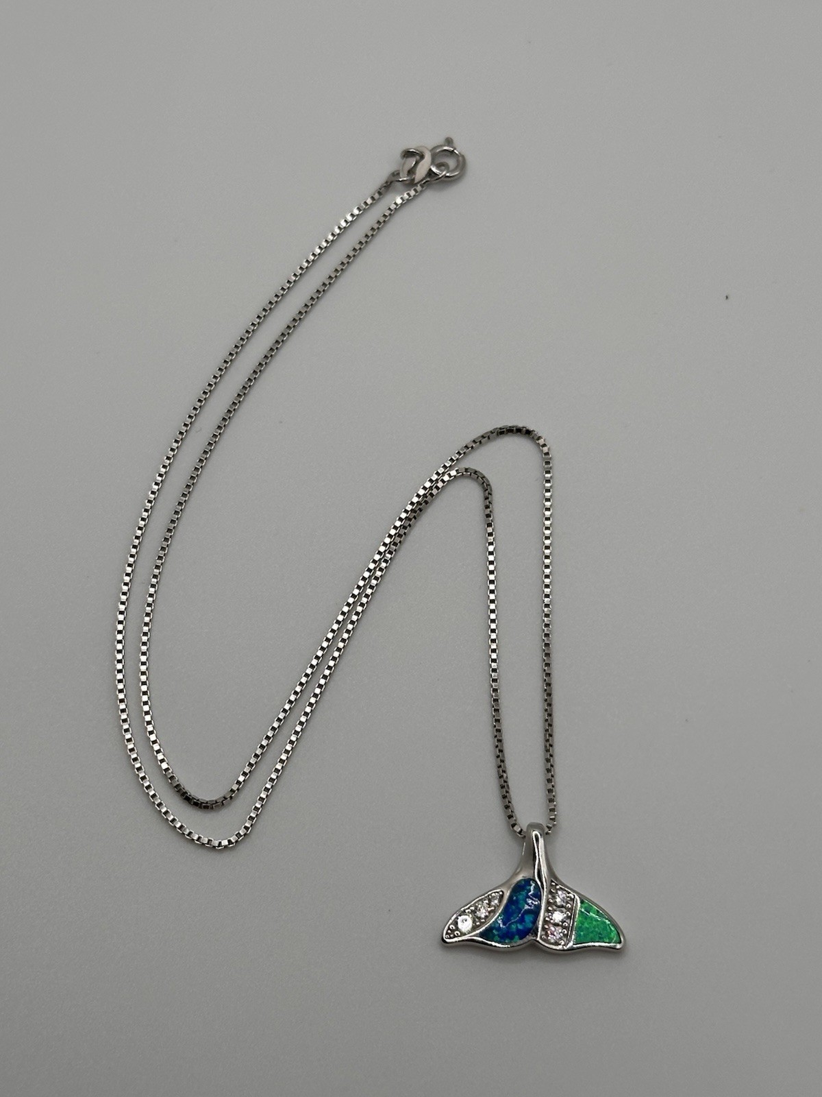 925 Sterling Silver Whale Tail Moissanite & Opal Pendant 18” Italian Box Chain