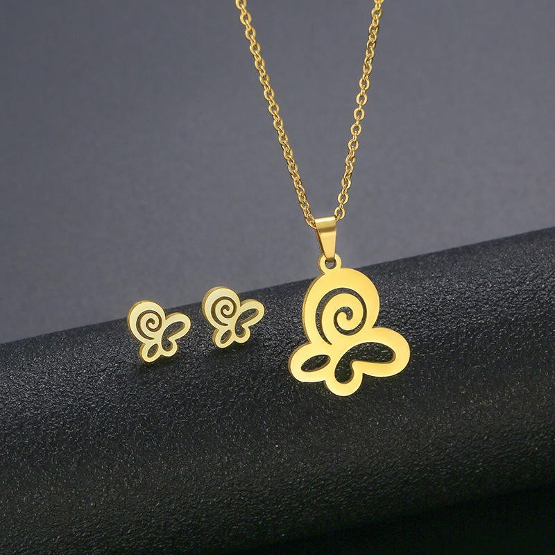 Korean Finger Heart Necklace Earrings Set Gold Stainless Steel Jewelry For Her