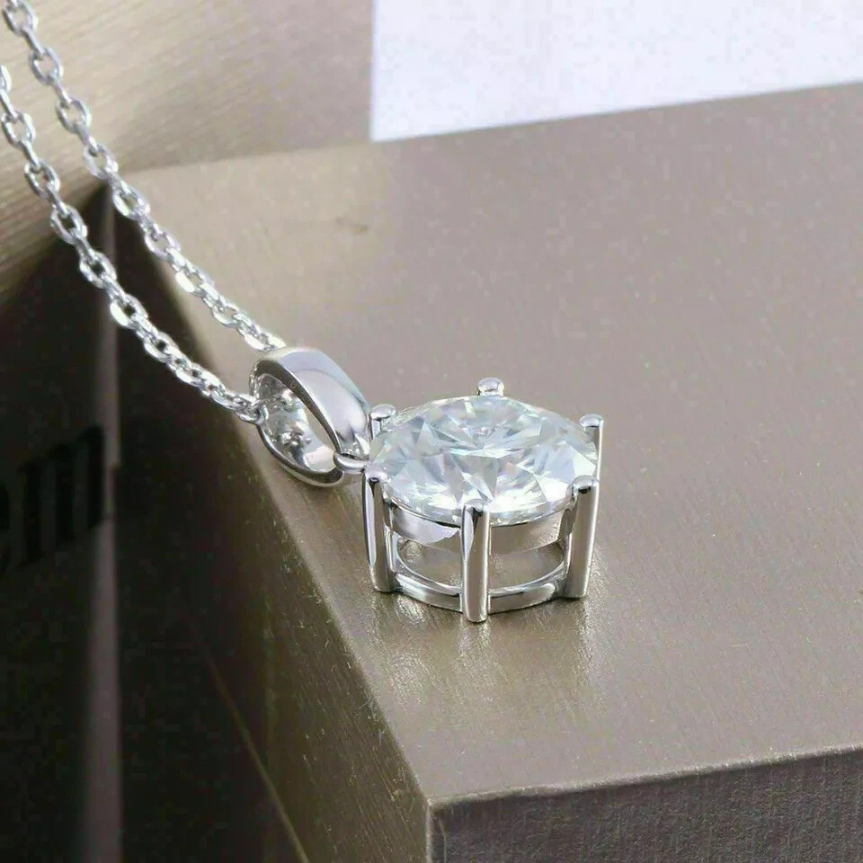 3Ct Round VVS1 Diamond Solitaire Pendant Solid 14K White Gold Finish Free Chain