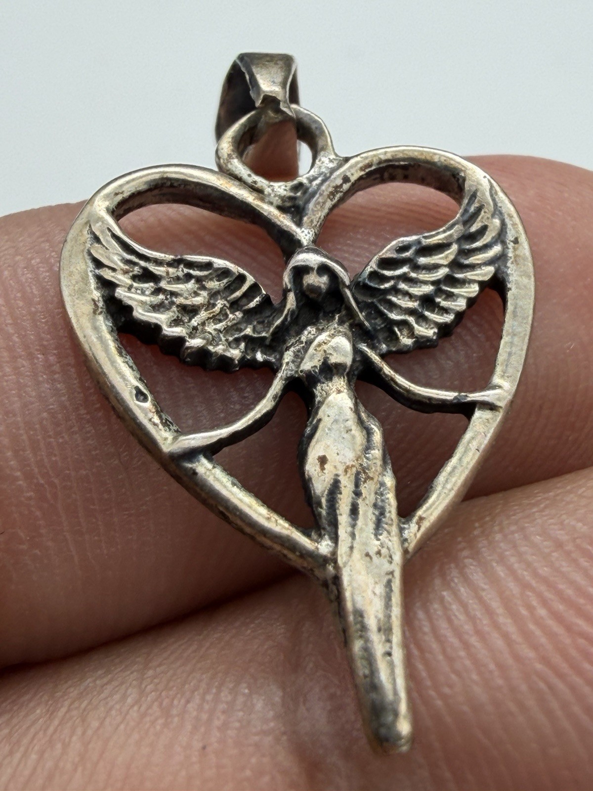 Vintage 925 Sterling Silver Heart Shaped Angel Pendant