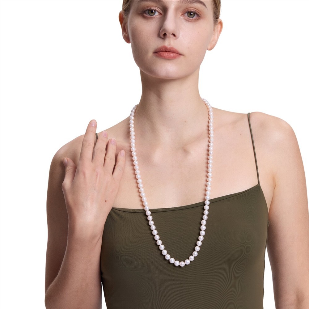 Long 30 Inch Genuine 8-9mm ROUND White Pearl Strand Necklace Cultured Freshwater