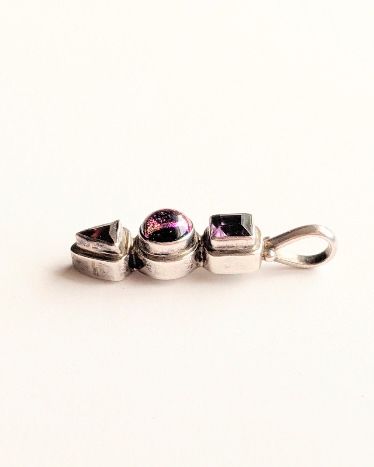 Vintage 3 Stone Sterling Multi Cut Purple Gemstone 1½” Drop Dangle PENDANT
