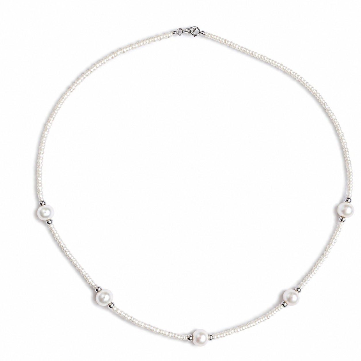 Natural Pearl Station Necklace 925 Sterling Silver 17″ White
