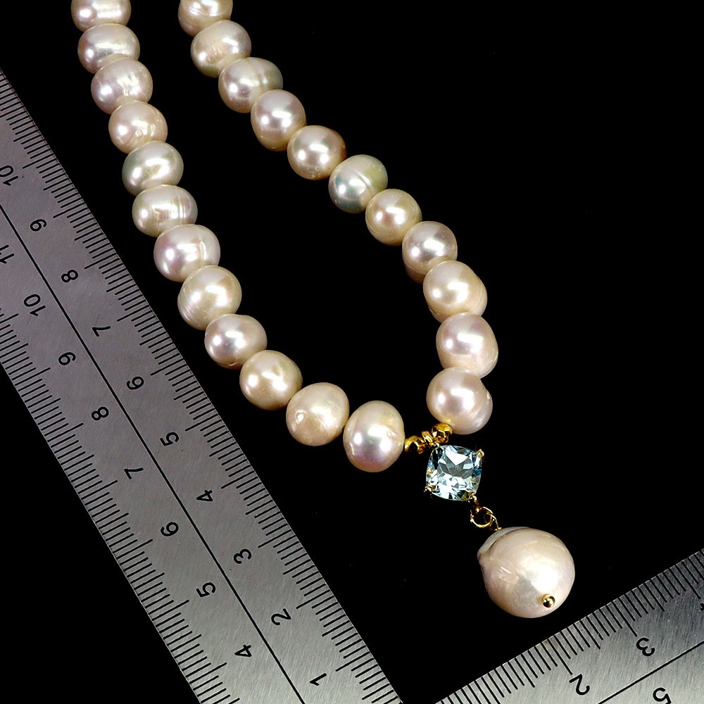925 Sterling Silver Necklace Cushion Sky Blue Topaz 7mm Pearl Gemstone 16 Inches
