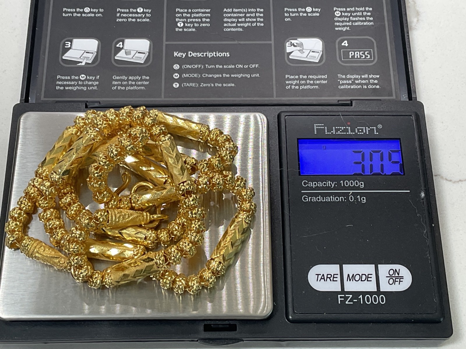 Thai 23K Solid Yellow Gold Bead Bamboo Link Necklace 30.5 Grams Tested 24″ long