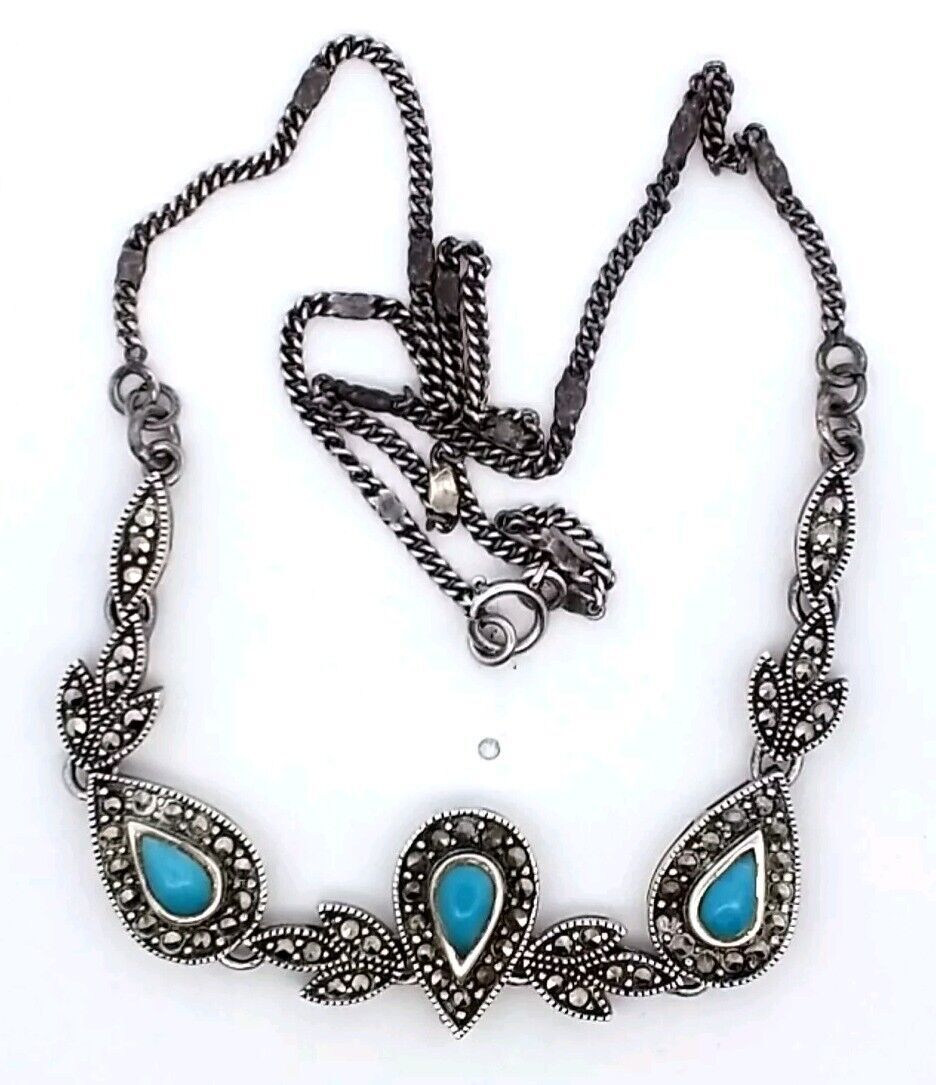 Vintage Marsala Sterling Silver Marcasite & Opaque Blue Amazonite 16″ Necklace