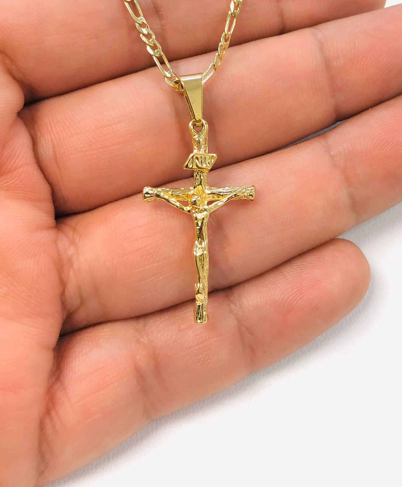 Rustic Cross Necklace 14K Gold F Crucifix Pendant Figaro Link Chain 20″ Womens