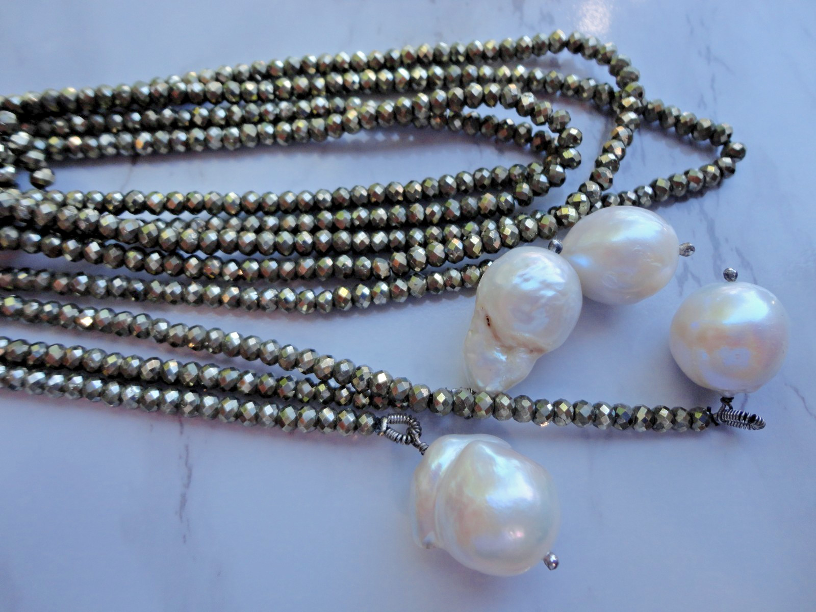 VTG ESTATE 925 INDIA BAROQUE PEARL PYRITE LARIAT BEADED DOUBLE NECKLACE 44″