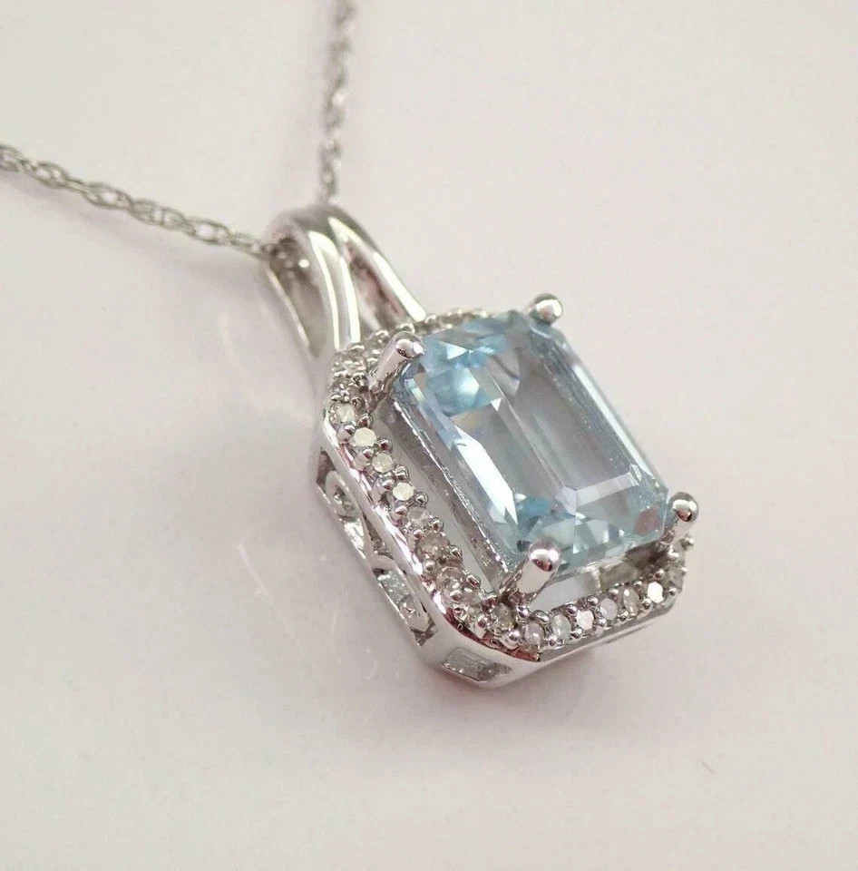 3Ct Lab Created Emerald Aquamarine Halo Pendant White Gold Plated Silver Chain