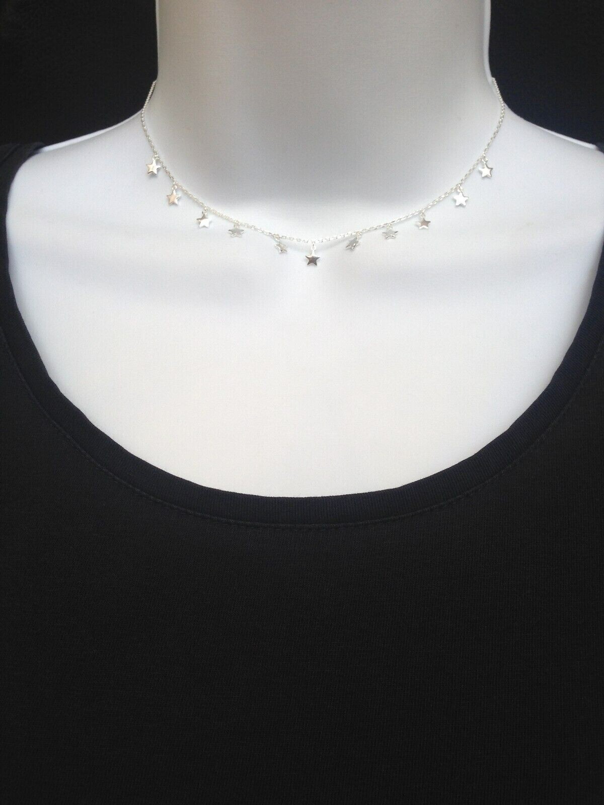 925 Sterling Silver Dangle Star Station Choker Necklace Dainty 3.5mm 15.5″ Women