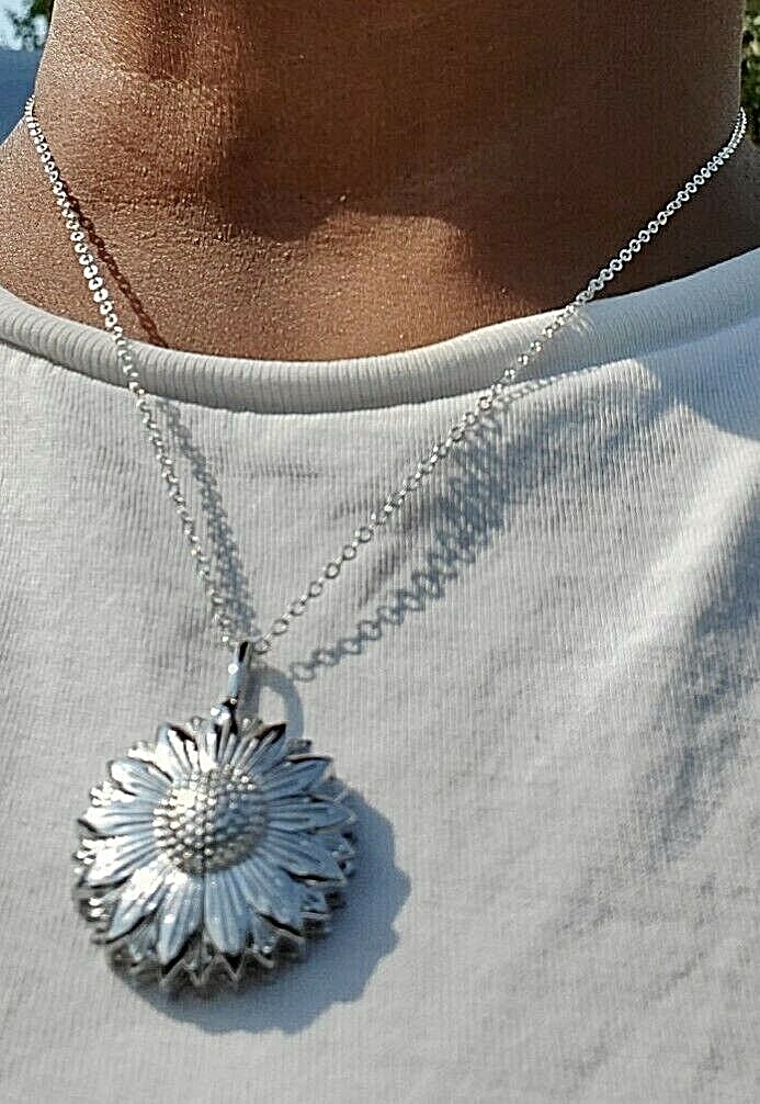 Sunflower Hidden Message Pendant Platinum Bond With Sterling Silver Chain