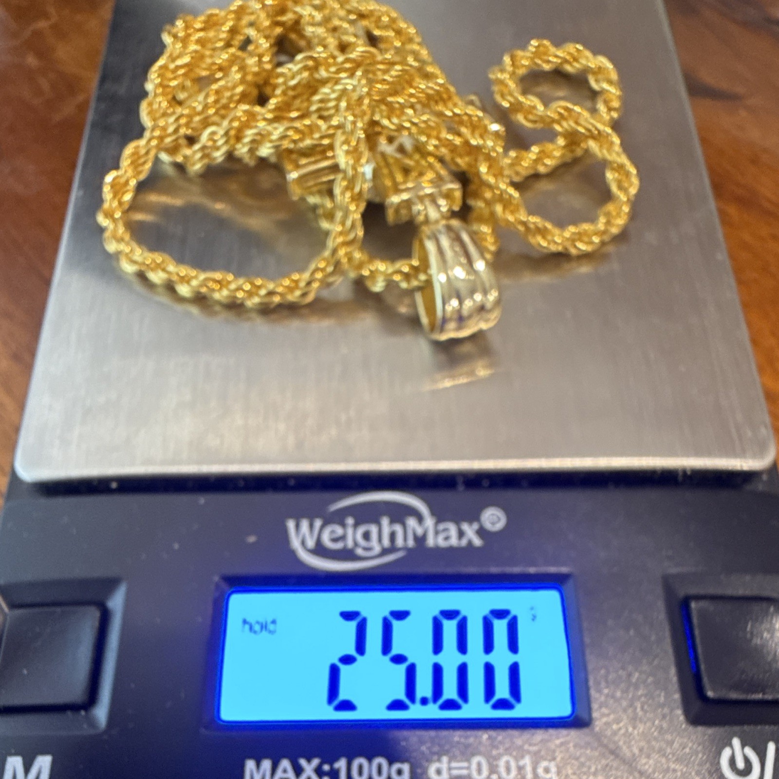 3mm 24” Rope Chain (25g) SOLID 925 14k Gold Over w Moissanite Cross Pendant