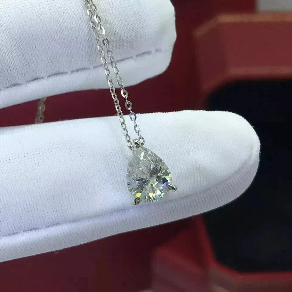 2.00Ct Pear Cut Real Moissanite Solitaire Pendant 14K White Gold Over Free Chain