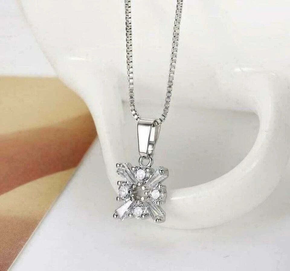 1Ct Baguette Cut D/VVS1 Diamond Cluster Pendant 14K White Gold Finish Free Chain