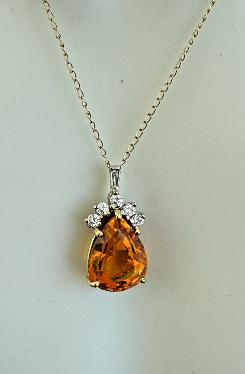 14K Yellow White Gold Pear Cut Madeira Citrine Baguette Round Diamond Pendant