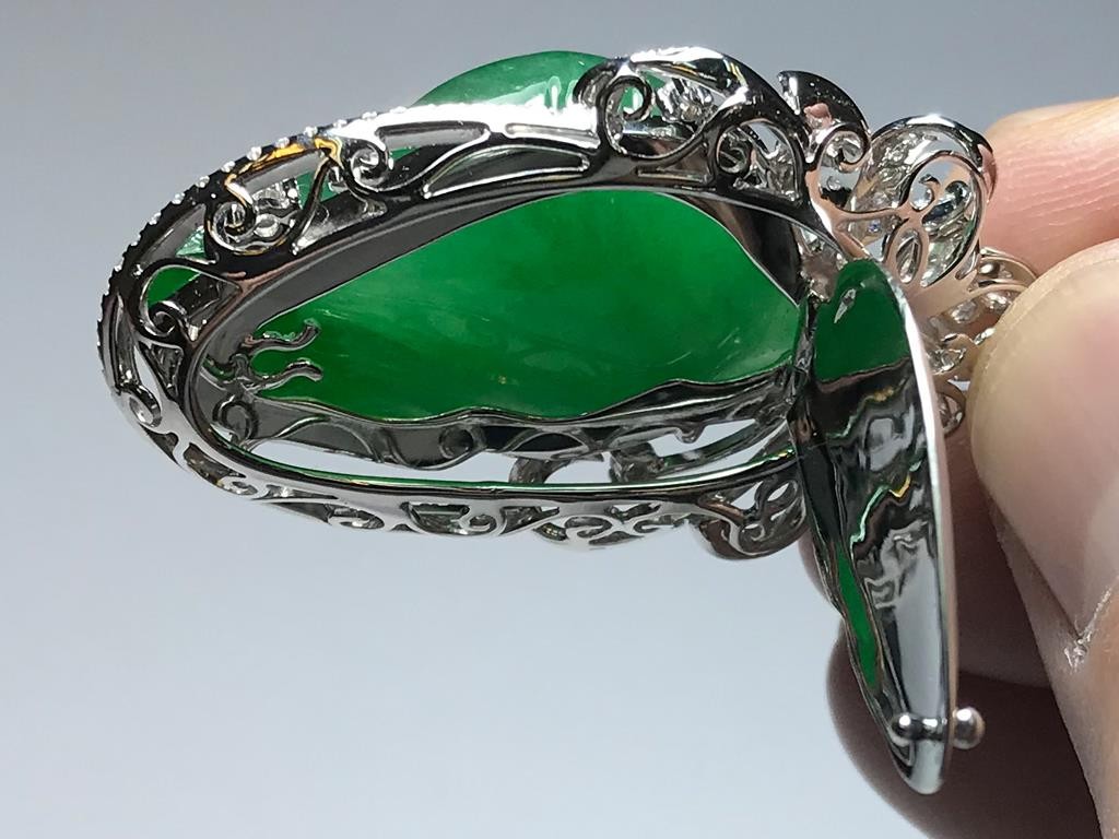 Male Organ God Rich Emerald Green Jadeite Jade 18K White Gold Diamond Pendant