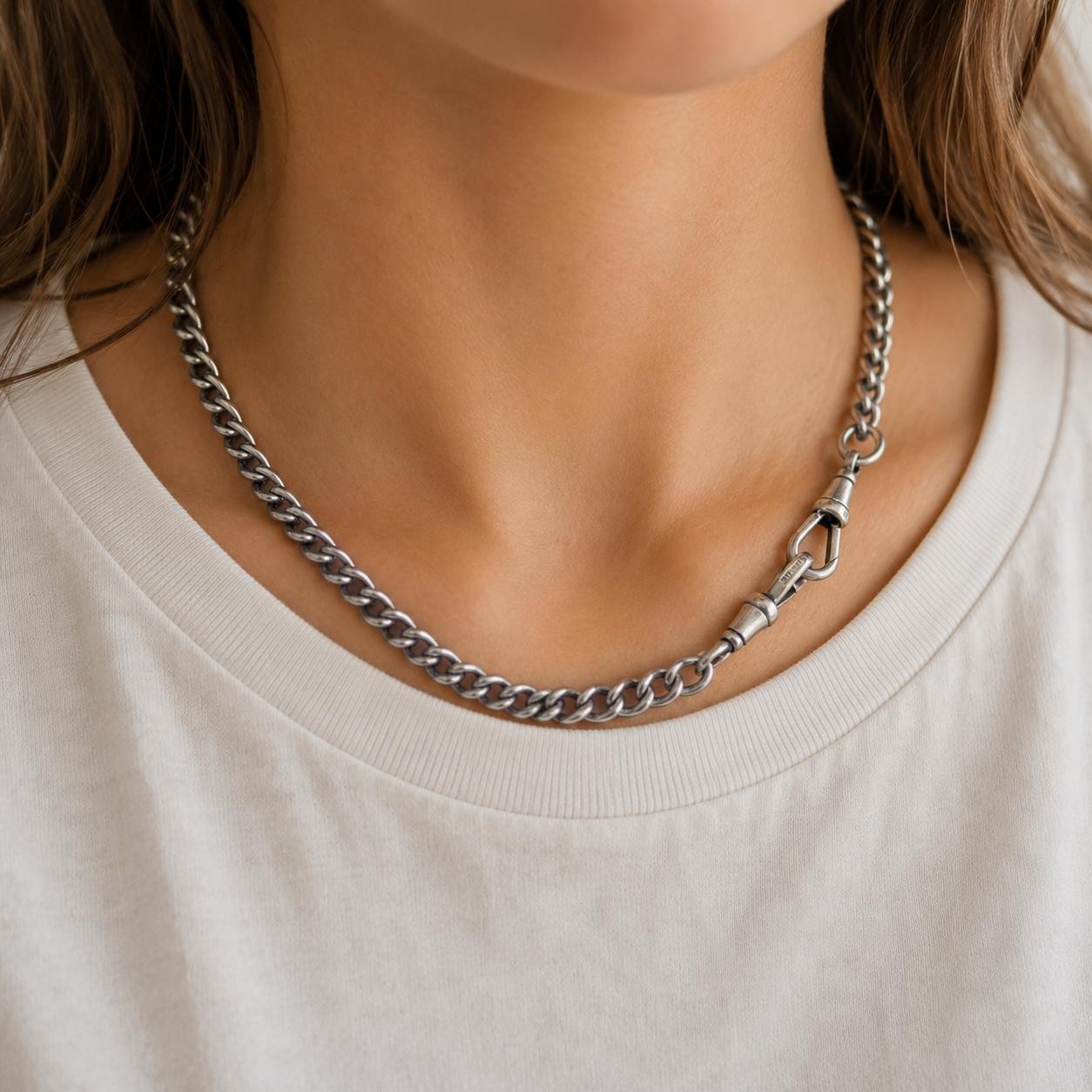 Antique Silver 19.5″ Curb Cuban Link Watch Chain Necklace w/ 2 Dog Clip