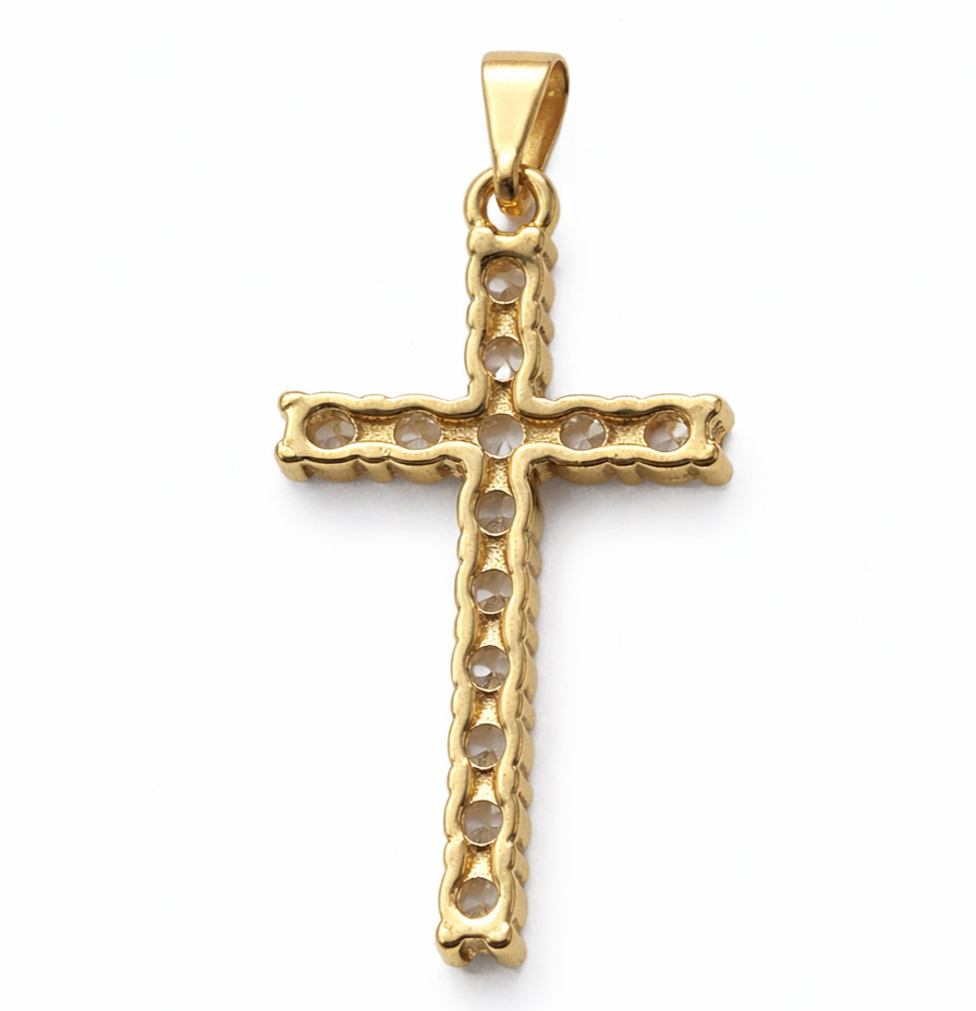 Italian 1/200 14k Yellow Gold CZ Cross Pendant Necklace Catholic Religious