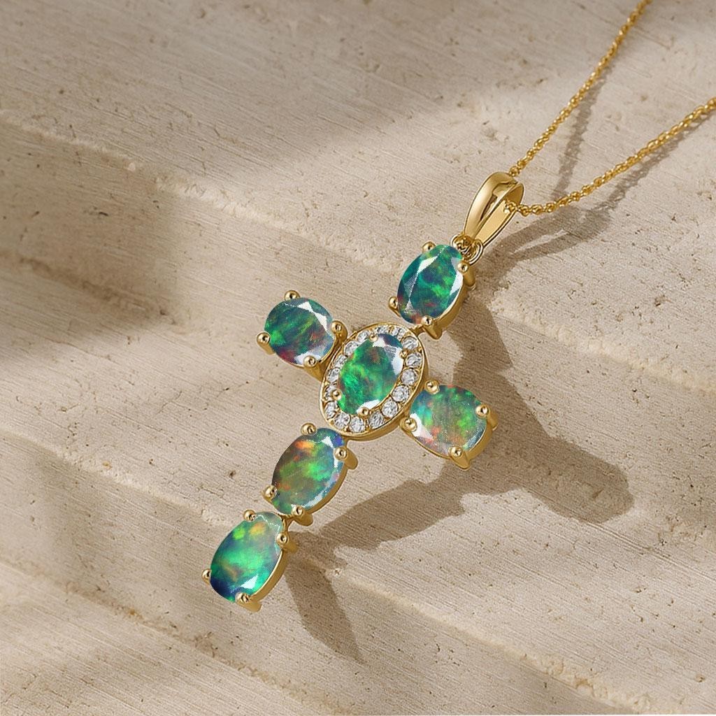 Fire Black Opal Gemstone Gold Cross Pendant, Natural Opal Chain Pendant Necklace