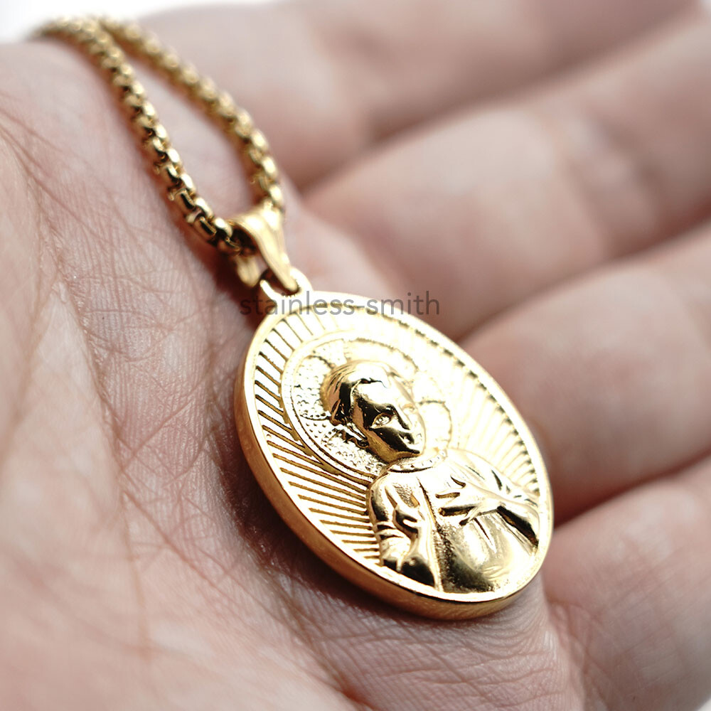 Mens Womens Gold Plated Baby Jesus Medallion Pendant Necklace Stainless Steel