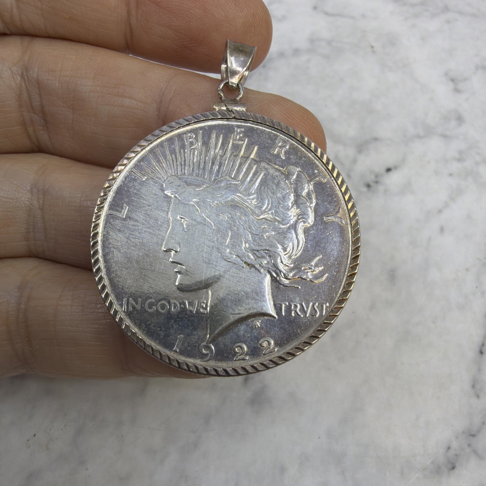 Peace Dollar Pendant 90% Silver AU Coin Sterling Silver Rope Bezel Soldered Bail