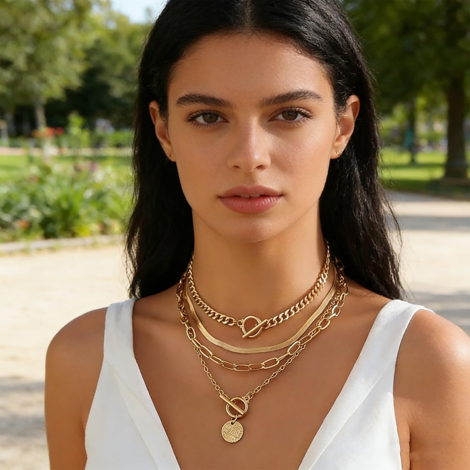 QCWN Gold Layered Necklaces for Women Non Tarnish Chunky Necklace Stack Thick…