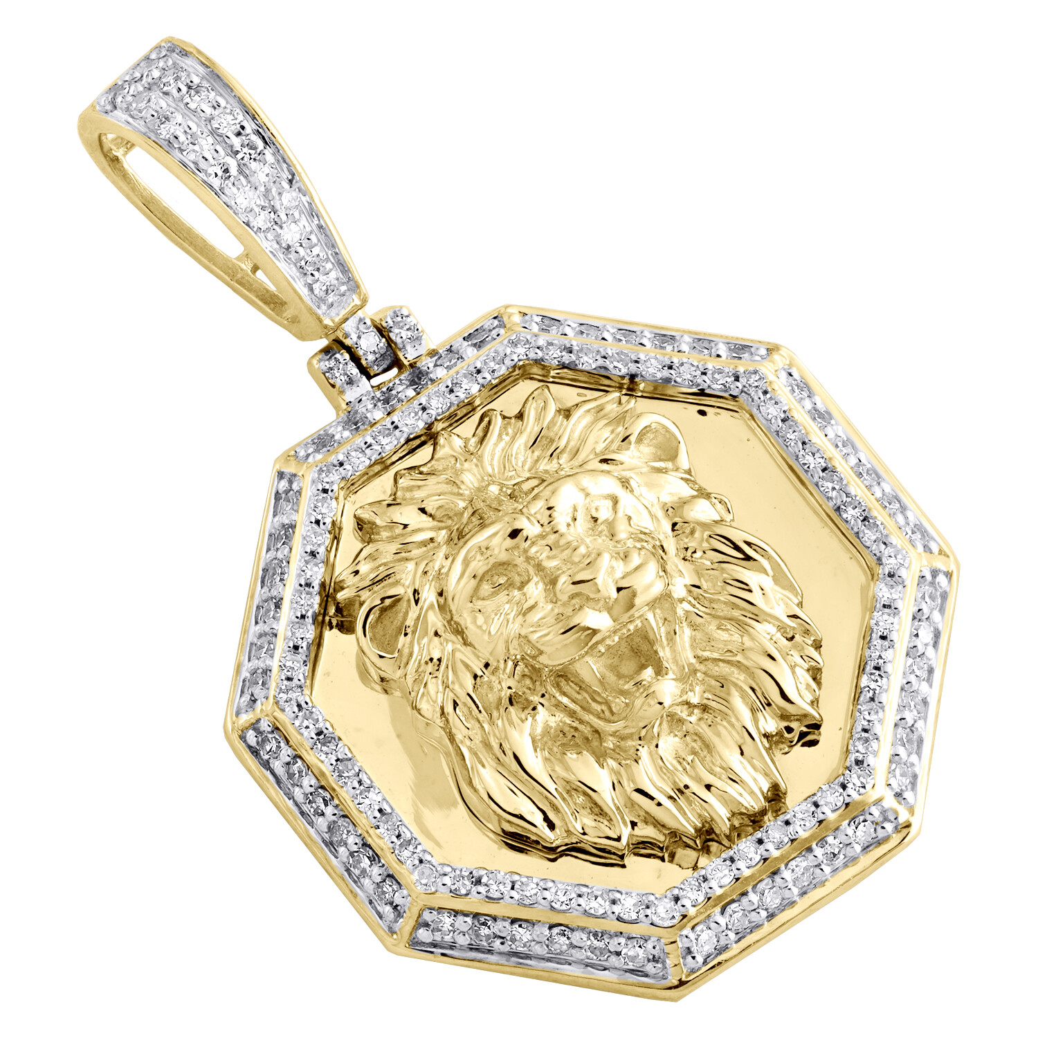 10K Yellow Gold Real Diamond Men’s Roaring Lion Octagon Medallion Pendant 1/2 CT