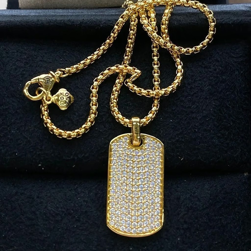 David Yurman Gold Tone Paved Dog Tag Pendant Necklace