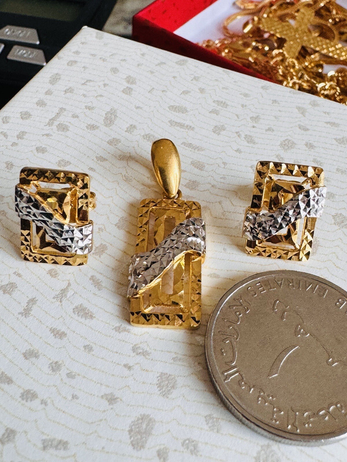 22K 916 22CT Fine Real Gold Unique Two tone Earring & Pendant 8.2G