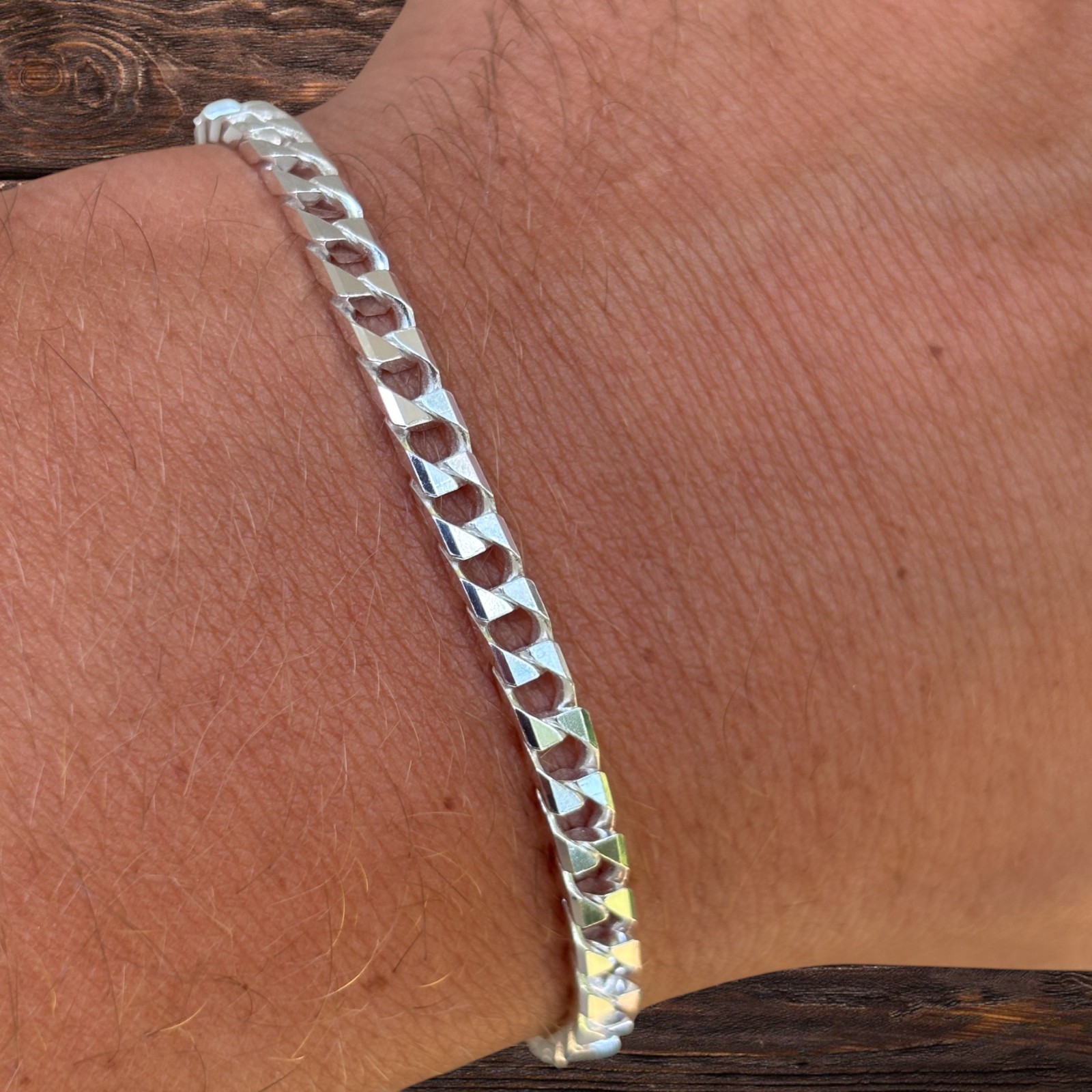 4mm Square Curb Link Bracelet – Real Solid 925 Sterling Silver MADE IN ITALY
