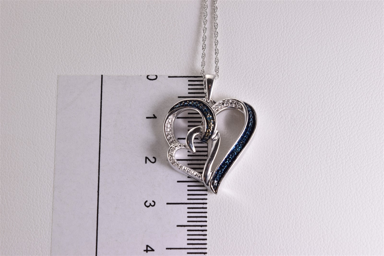 Sterling Silver 26mm x 22mm Blue & White Diamond Swirled Heart Pendant 18″ Chain