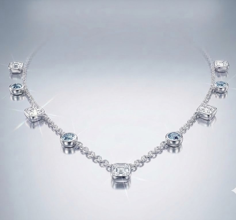 2.75 Ct White & Blue Diamond Chain Necklace-Great luster ! Free Tariffs & Studs.