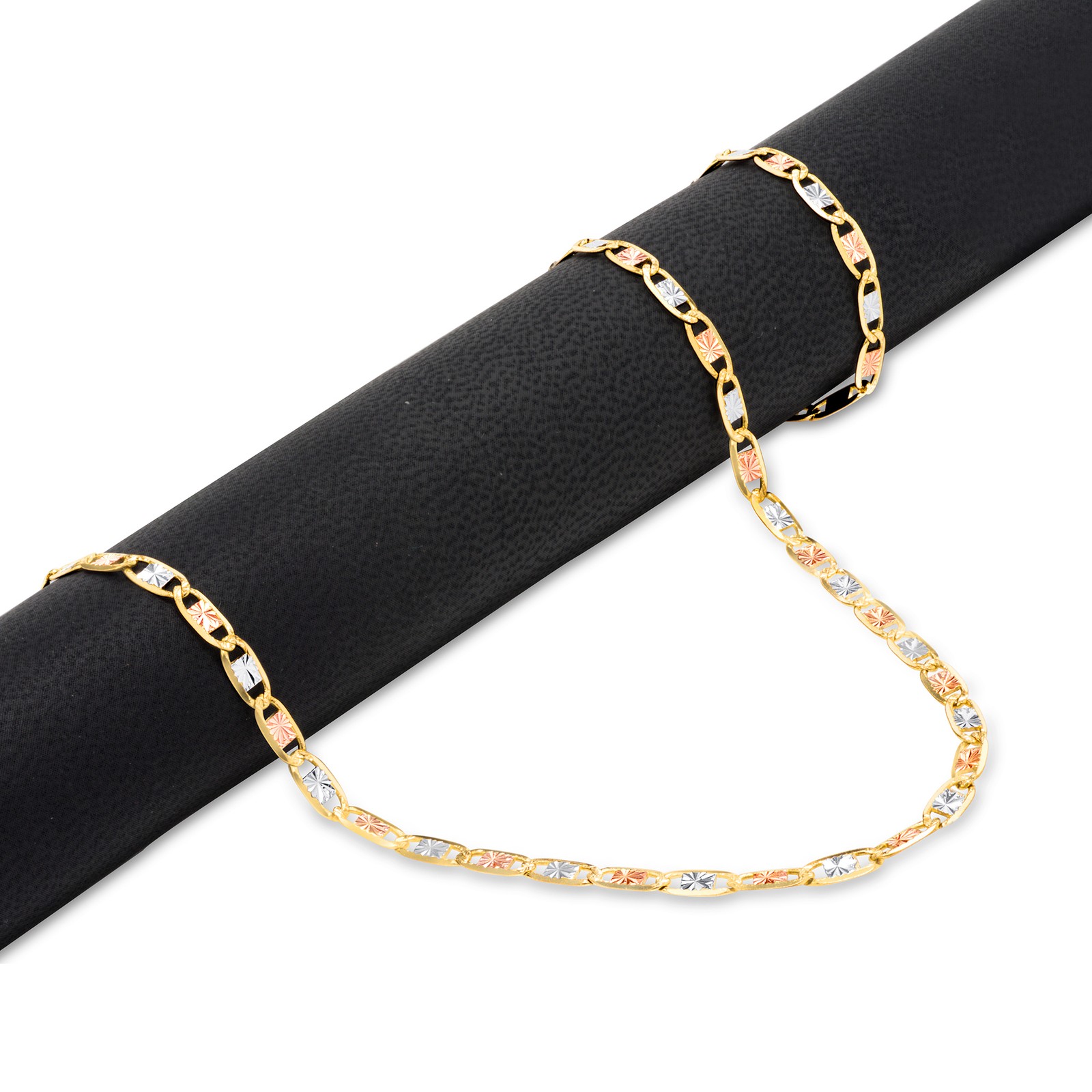 10K Solid Tri-Color Yellow Rose White Gold 3mm Valentino Chain Necklace 16″- 26″