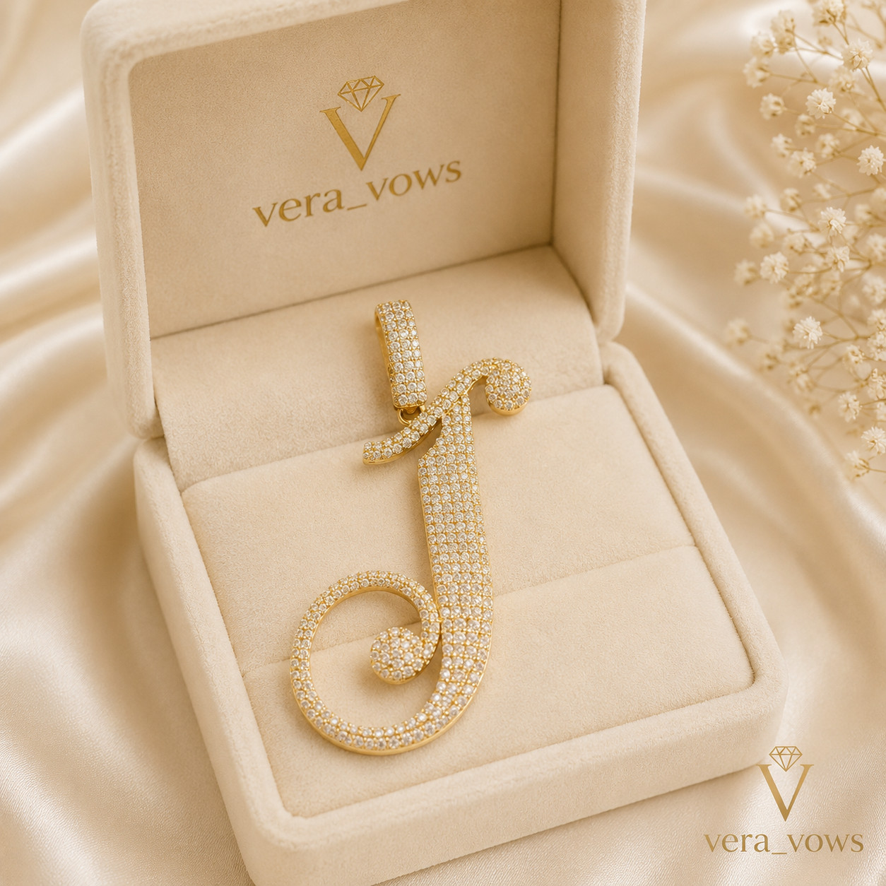 14K Yellow Gold Round Lab-Created Plated Moissanite Initial “J ” Letter Pendant