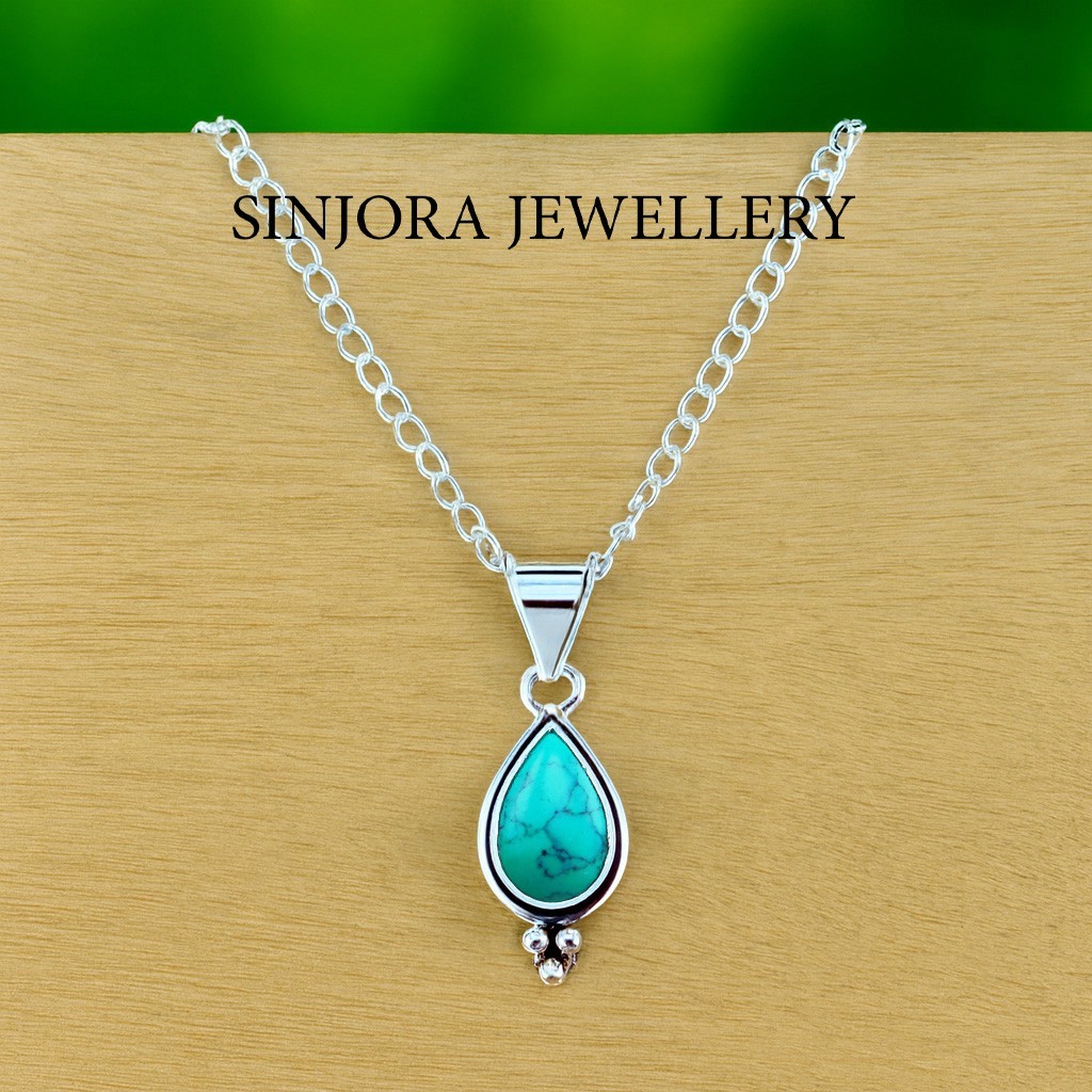 Turquoise Gemstone 925 Sterling Silver Jewelry Handmade Pendant 18”