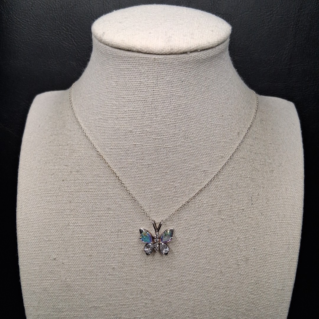 STERLING Silver 925 Chain Necklace Butterfly Pave Pendant W/ Crystal. 16.779