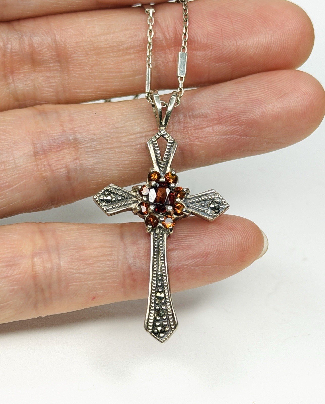 925 Sterling Silver Garnet Marcasite Cross Pendant Unique Italy 925 Necklace 24”