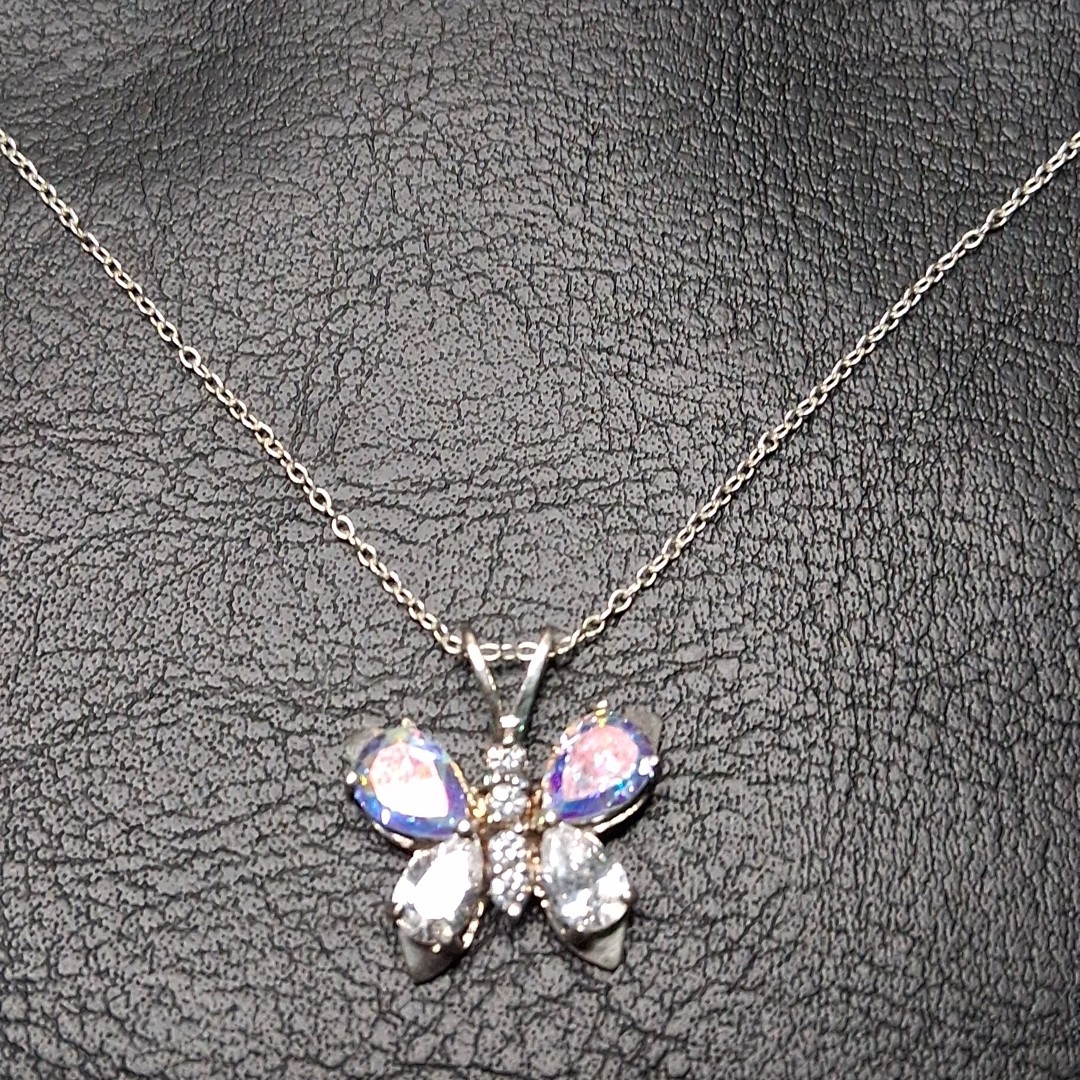 STERLING Silver 925 Chain Necklace Butterfly Pave Pendant W/ Crystal. 16.779