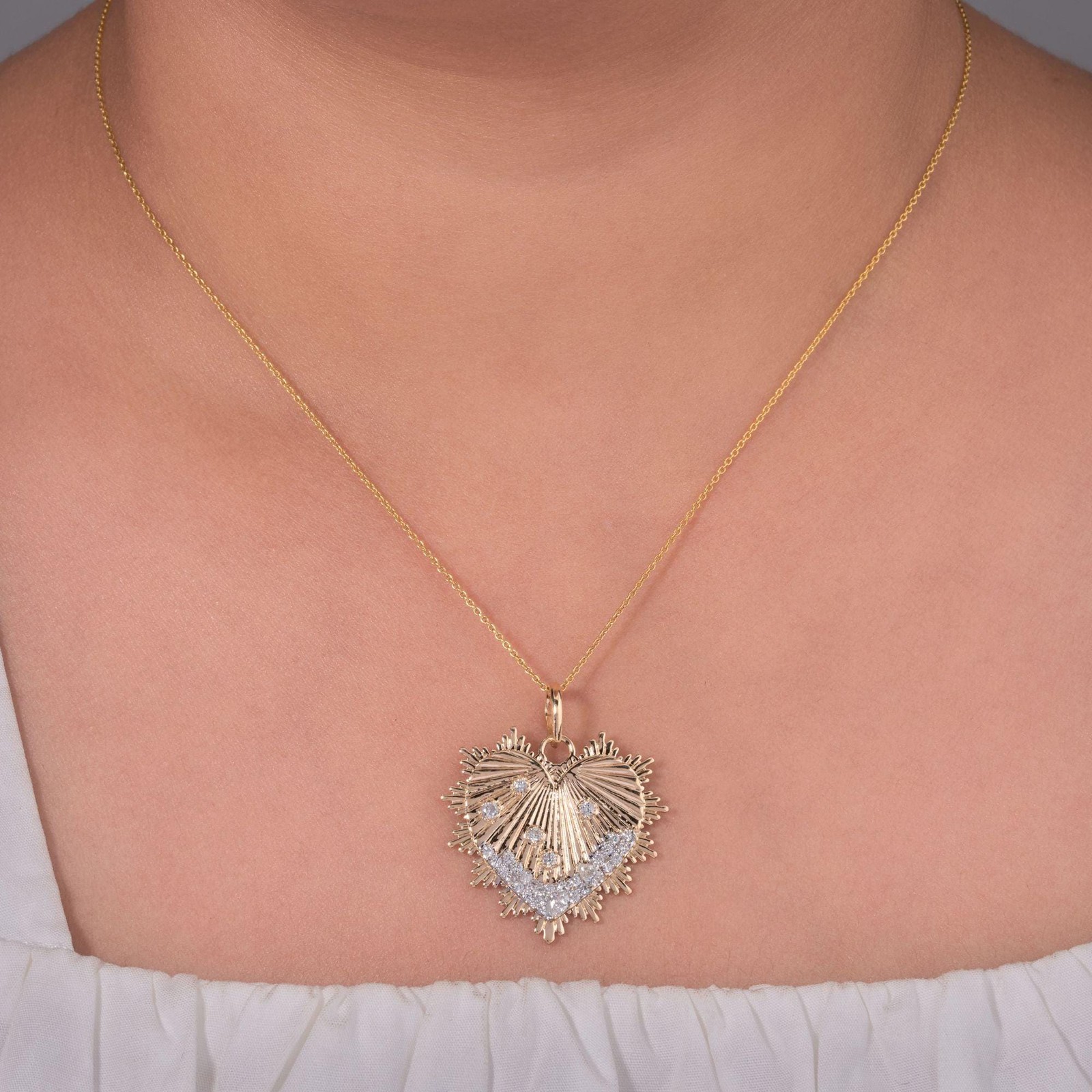 0.61 Natural Diamonds Sunburst Heart Pendant 14K Gold Medallion Pave Layering