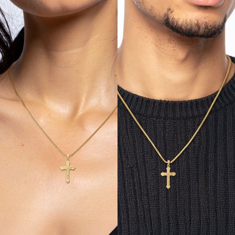 14K Solid Yellow Gold Medium Inri Jesus Crucifix Cross Pendant Necklace 25.8mm