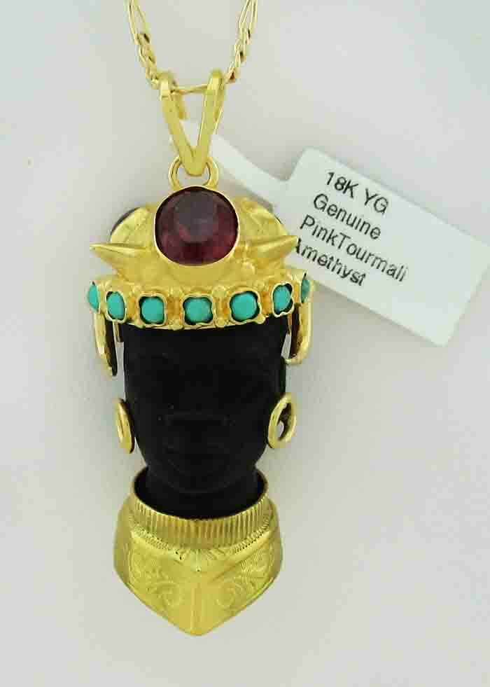 GENUINE PINK TOURMALINE, TURQUOISE & AMETHYST PENDANT SOLID 18k GOLD – NWT