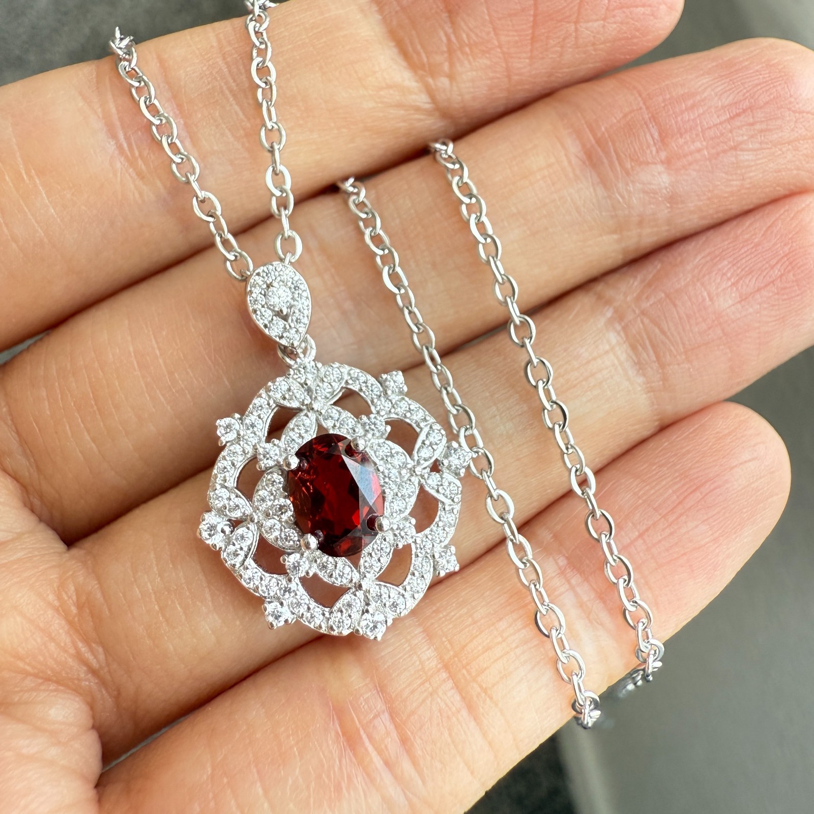 925 Sterling Silver Necklace 7x5mm Natural Garnet Gemstone Zircon Handmade Gift