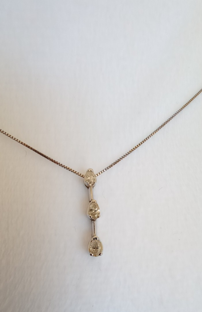 14K White Gold 3 Diamond Drop Necklace Pendant 585 Italian Gold Box Chain 24mm