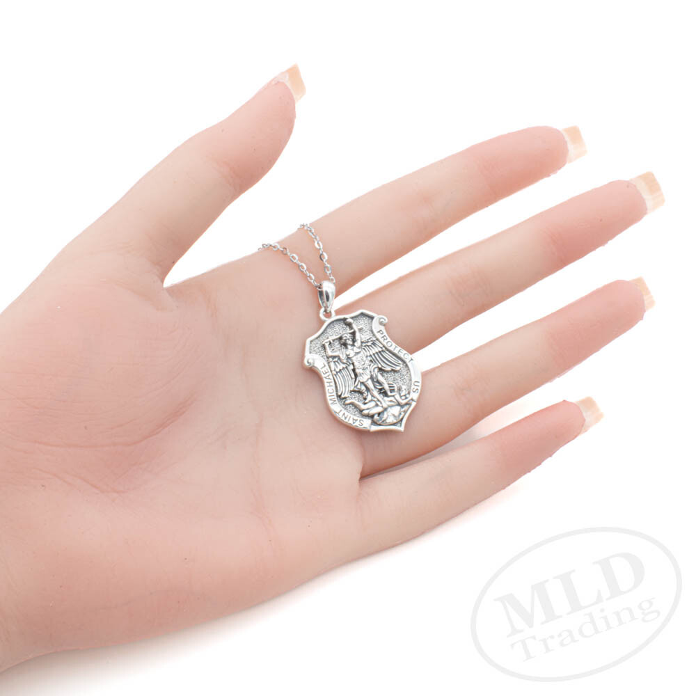MLD 925 Sterling Silver Saint St Michael Shield Medal Pendant Necklace