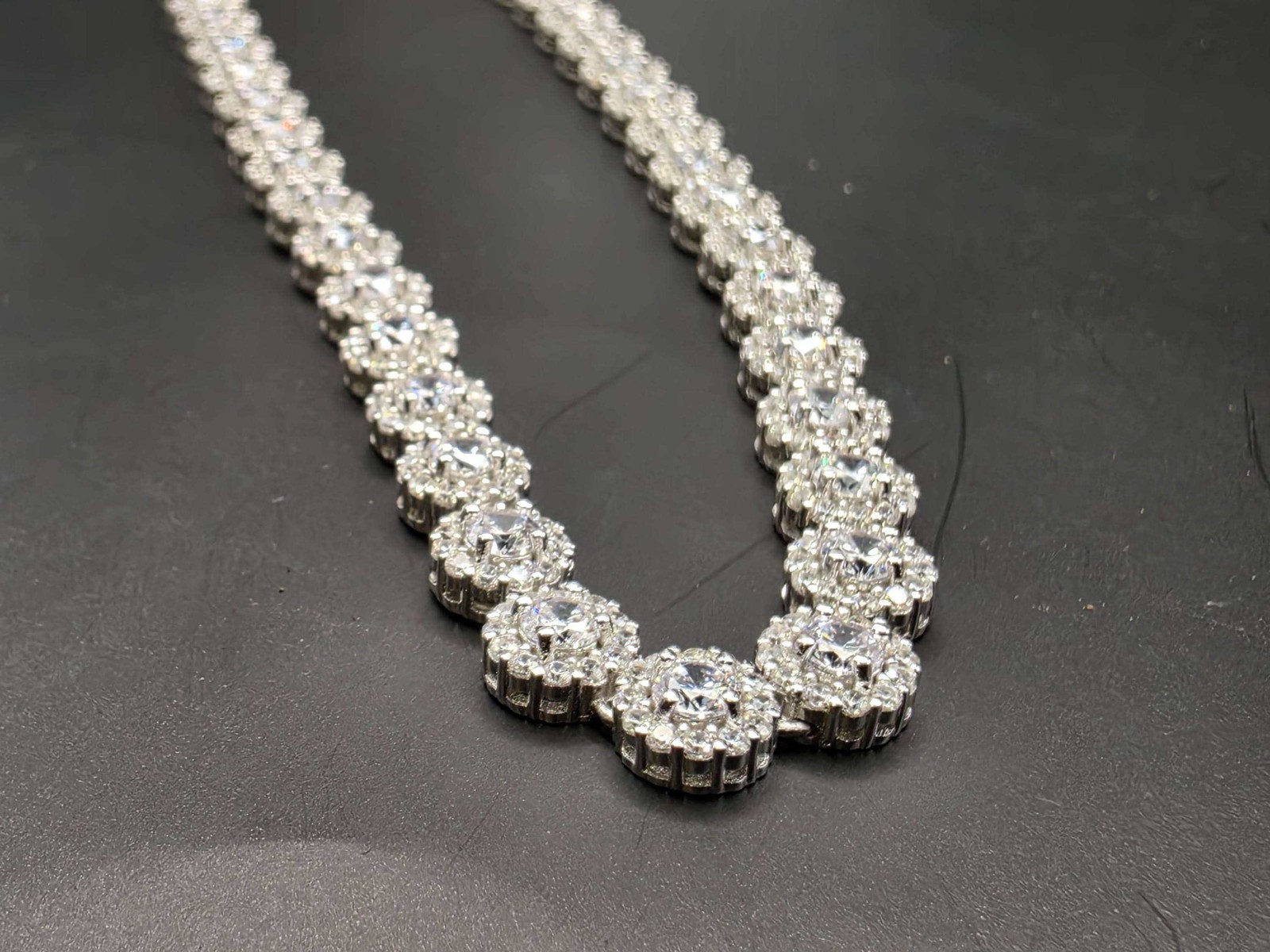 Sterling Silver Pave CZ Halo Tennis Necklace | 925 Silver 16 Inch .25 Inch Wide