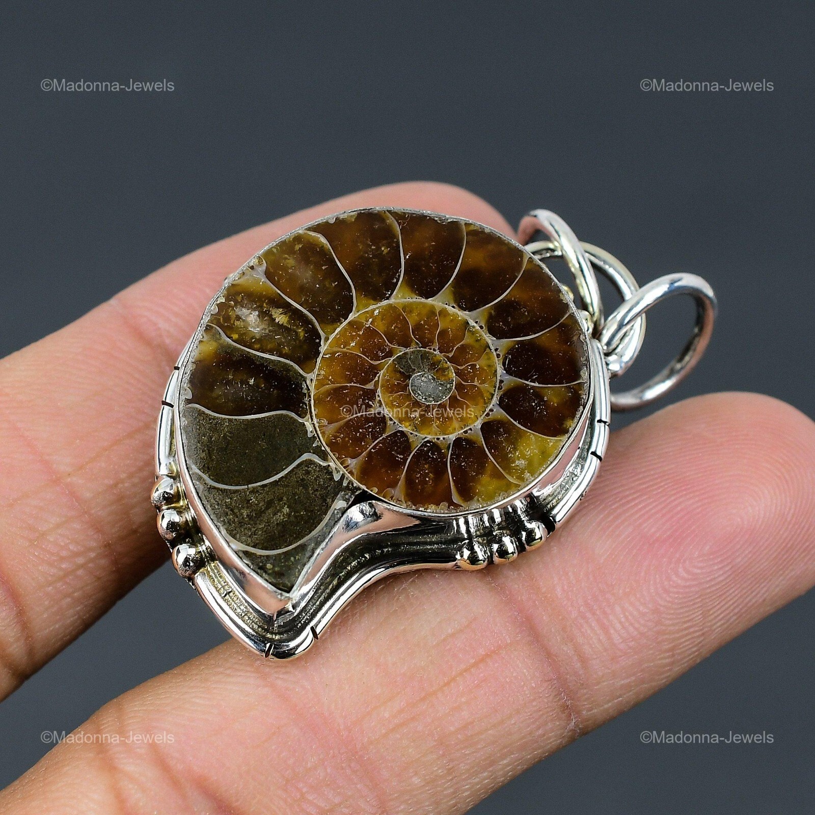 Ammonite Fossil Gemstone 925 Sterling Silver Vintage Bezel Wife Pendant Jewelry